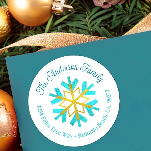 Turquoise Gold Snowflake Modern Simple Address Ronde Sticker