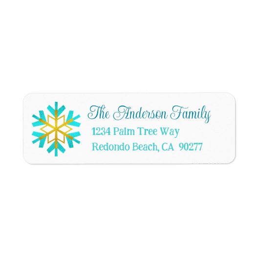Turquoise Gold Snowflake Simple Modern Address Etiket (Voorkant)
