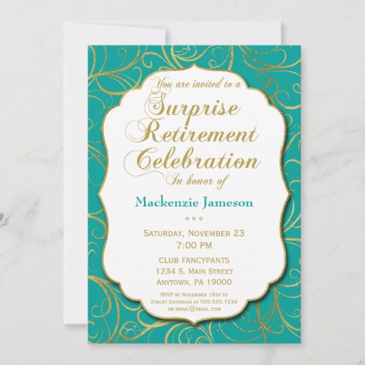 Turquoise Gold Swirl Surprise Retirement Invite Kaart (Voorkant)