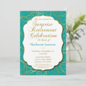 Turquoise Gold Swirl Surprise Retirement Invite Kaart (Staand voorkant)