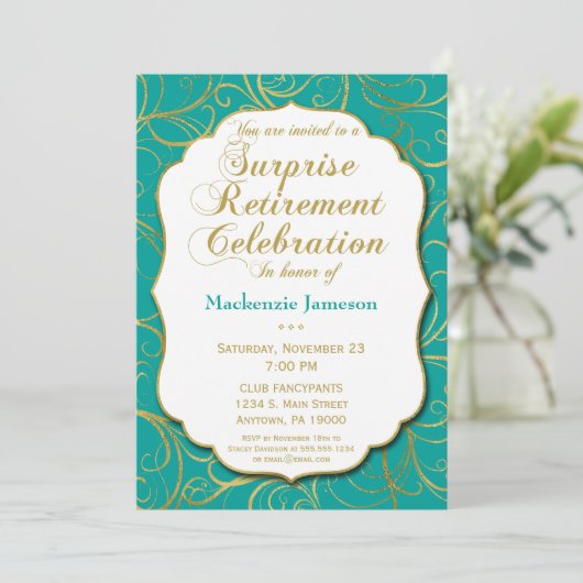 Turquoise Gold Swirl Surprise Retirement Invite Kaart (Staand voorkant)