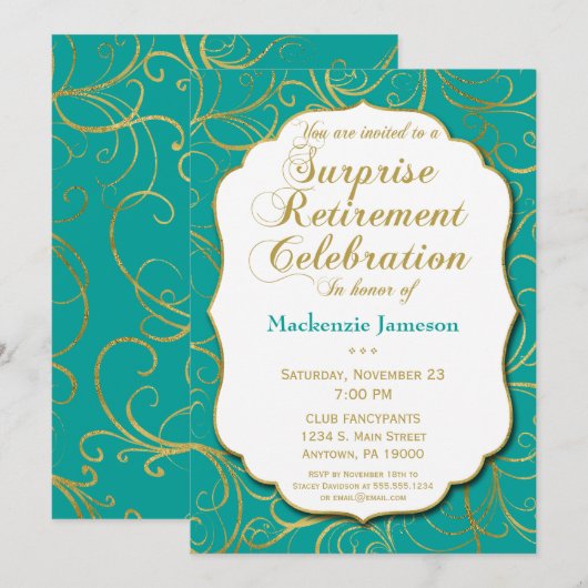 Turquoise Gold Swirl Surprise Retirement Invite Kaart (Voorkant / Achterkant)