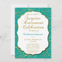 Turquoise Gold Swirl Surprise Retirement Invite