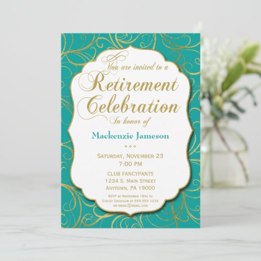 Turquoise Gold Swirl — Uitnodiging om legant (Staand voorkant)