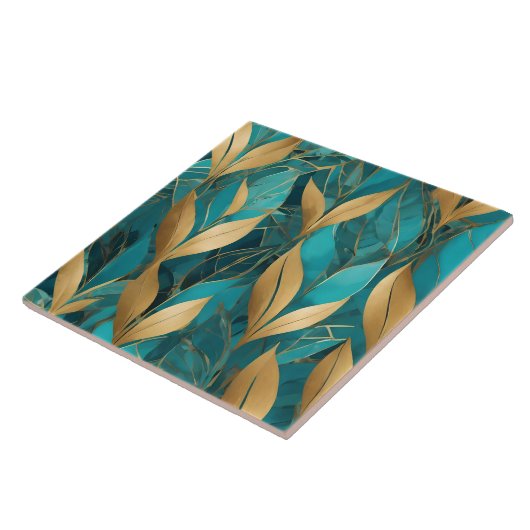 Turquoise Gold Trendy Boho Leaves Collectie Tegeltje (Zijkant)