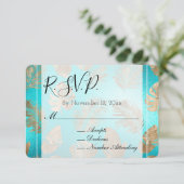 Turquoise Gold Tropical Leaves Wedding RSVP Informatiekaartje (Staand voorkant)