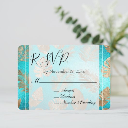 Turquoise Gold Tropical Leaves Wedding RSVP Informatiekaartje