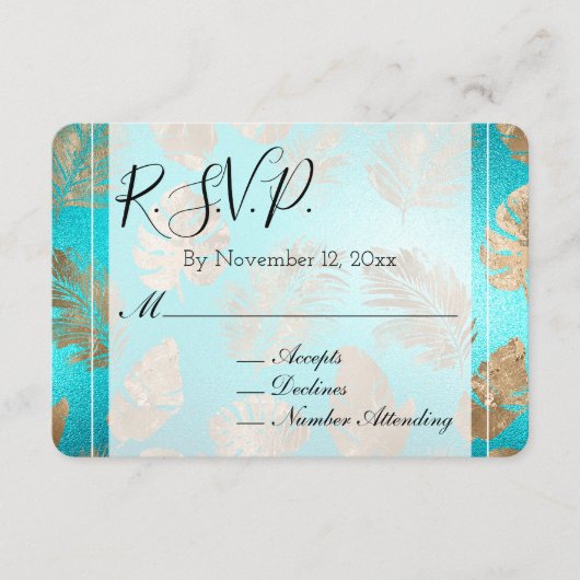 Turquoise Gold Tropical Leaves Wedding RSVP Informatiekaartje (Voorkant)