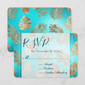 Turquoise Gold Tropical Leaves Wedding RSVP Informatiekaartje