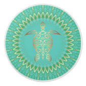 Turquoise Gold Turtle Animal Mandala Nautical Keramische Knop (Voorkant)