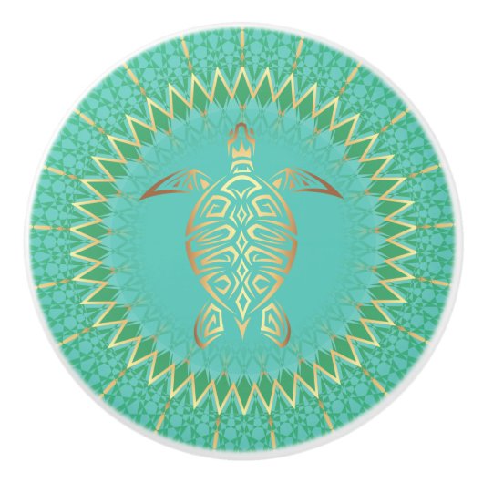 Turquoise Gold Turtle Animal Mandala Nautical Keramische Knop (Voorkant)
