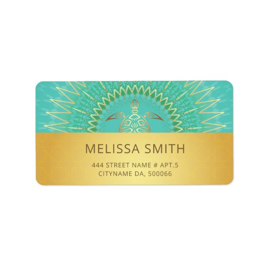 Turquoise Gold Turtle Animal Tribal Coastal Etiket (Voorkant)