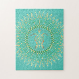 Turquoise Gold Turtle Coastal Maritime Mandala Legpuzzel