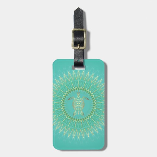 Turquoise Gold Turtle Tribal Animal Mandala Bagagelabel (Voorkant verticaal)
