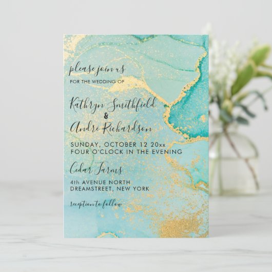 Turquoise Gold Vintage Wedding Invitation Kaart (Staand voorkant)