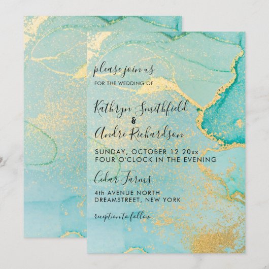 Turquoise Gold Vintage Wedding Invitation Kaart (Voorkant / Achterkant)