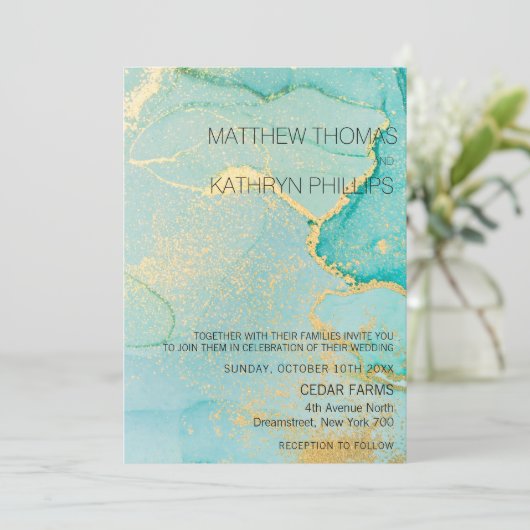 Turquoise Gold Vintage Wedding Invitation Kaart (Staand voorkant)