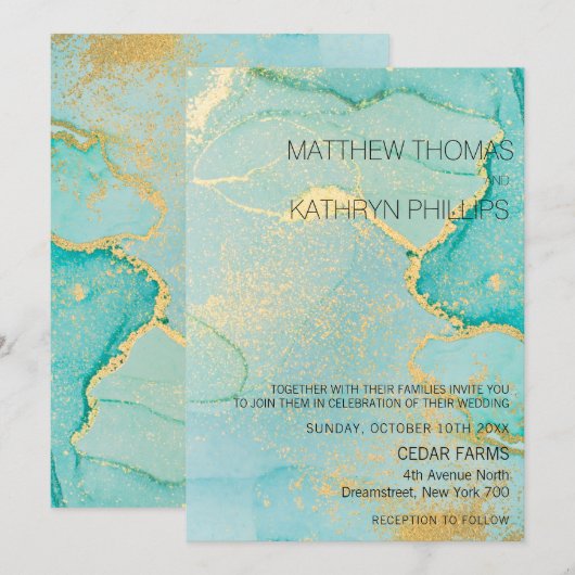 Turquoise Gold Vintage Wedding Invitation Kaart (Voorkant / Achterkant)
