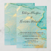 Turquoise Gold Waterverf Wedding Invitation Kaart (Voorkant / Achterkant)