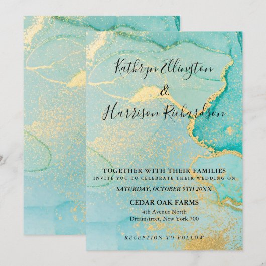 Turquoise Gold Waterverf Wedding Invitation Kaart (Voorkant / Achterkant)