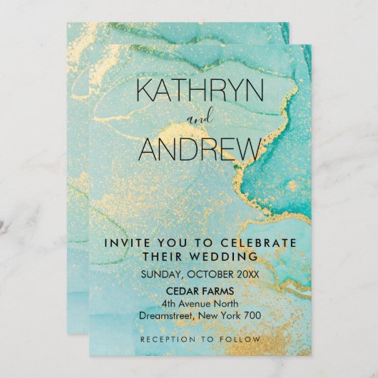 Turquoise Gold Wedding Invitation Kaart (Voorkant / Achterkant)