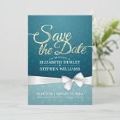 Turquoise Gold & White Ribbon Script Save the Date (Staand voorkant)