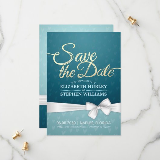 Turquoise Gold & White Ribbon Script Save the Date (Voorkant / Achterkant in situ)