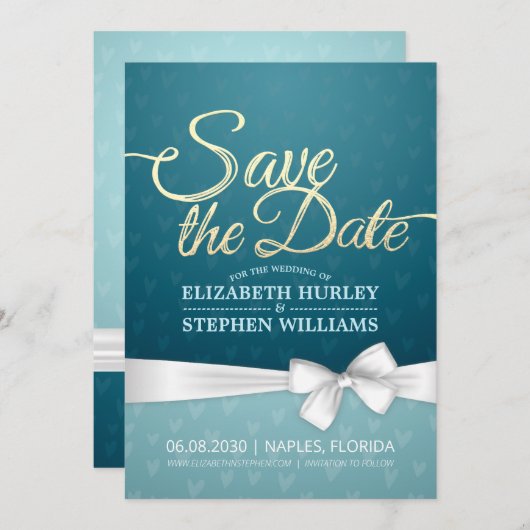 Turquoise Gold & White Ribbon Script Save the Date (Voorkant / Achterkant)