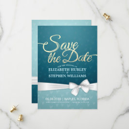 Turquoise Gold & White Ribbon Script Save the Date