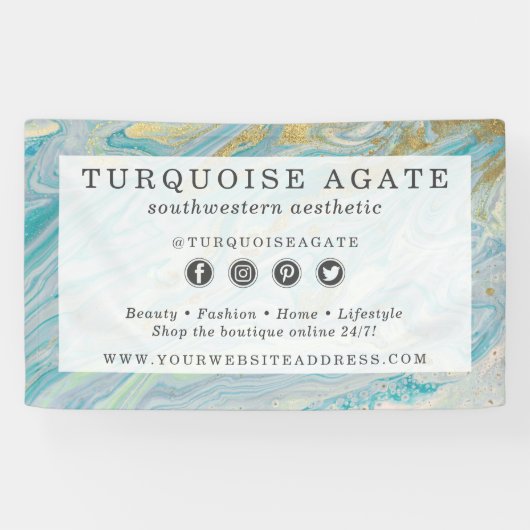Turquoise & Goud Agaat Steen Geode Marmer Wervelin Spandoek (Horizontaal)