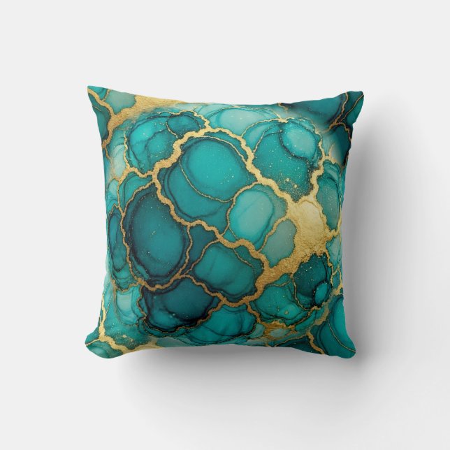 Turquoise + Goud Alcohol Ink Marmeren Worpkussen Kussen (Voorkant)