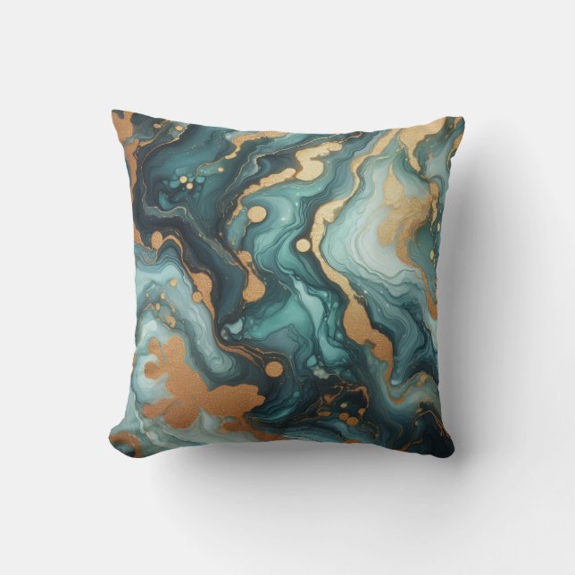 Turquoise + Goud Alcohol Ink Marmeren Worpkussen Kussen (Voorkant)