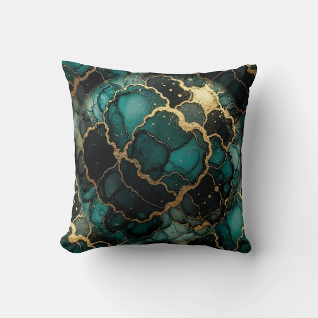 Turquoise + Goud Alcohol Ink Marmeren Worpkussen Kussen (Voorkant)