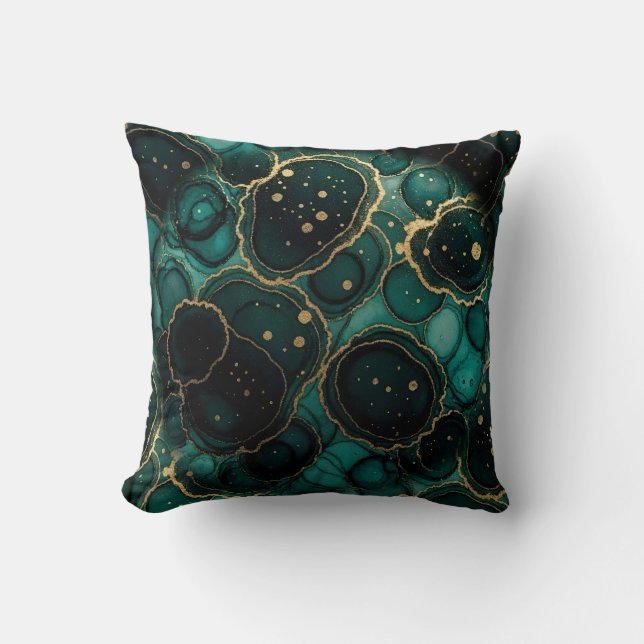 Turquoise + Goud Alcohol Ink Marmeren Worpkussen Kussen (Voorkant)