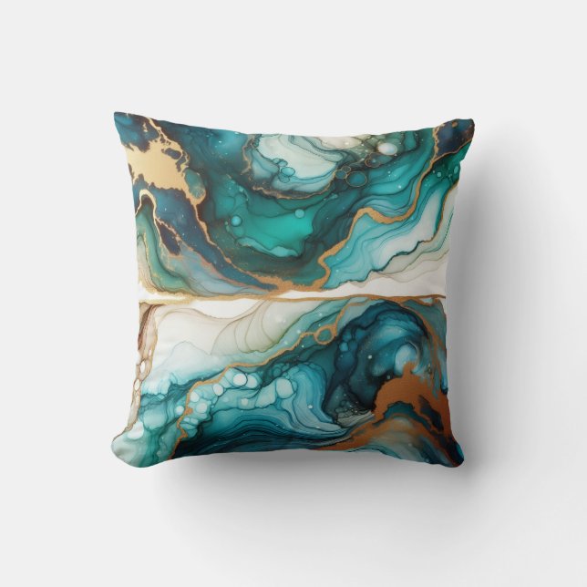 Turquoise + Goud Alcohol Ink Marmeren Worpkussen Kussen (Voorkant)