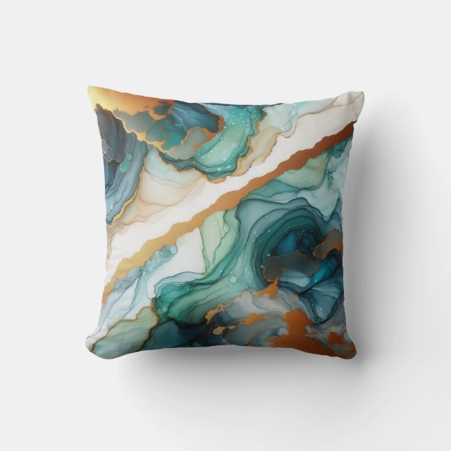 Turquoise + Goud Alcohol Ink Marmeren Worpkussen Kussen (Voorkant)