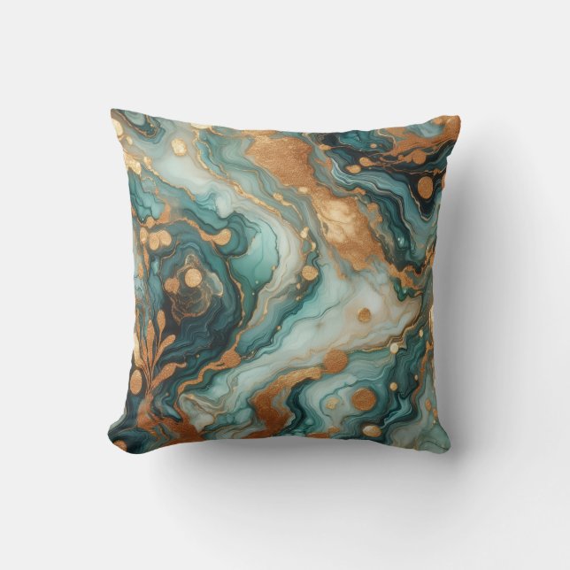 Turquoise + Goud Alcohol Ink Marmeren Worpkussen Kussen (Voorkant)