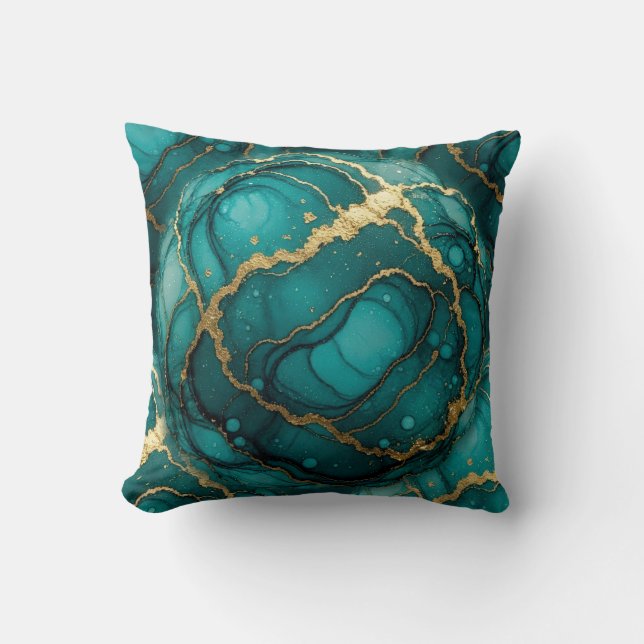 Turquoise + Goud Alcohol Ink Marmeren Worpkussen Kussen (Voorkant)