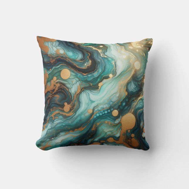 Turquoise + Goud Alcohol Ink Marmeren Worpkussen Kussen (Voorkant)