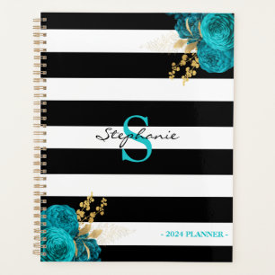 Turquoise Goud Bloemen Monogram Zwart Strepen 2024 Planner