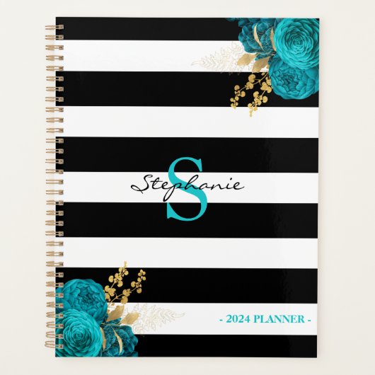 Turquoise Goud Bloemen Monogram Zwart Strepen 2024 Planner (Voorkant)