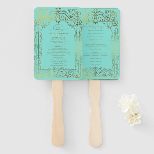 Turquoise Goud Deco Chique Glam Bruiloft Programma Handwaaier (Voorkant en achterkant)