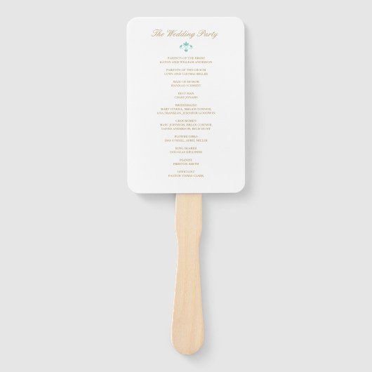 Turquoise & Goud Elegant Ironwork Huwelijksprogram Handwaaier (Voorkant)