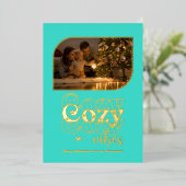 Turquoise & Goud Gezellige Sfeer Retro Kerst Foto Folie Feestdagenkaart (Staand Voorkant)