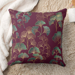 Turquoise & Goud Ginkgo Bladeren op Burgundy Kussen