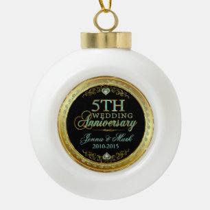Turquoise & Goud Lijst & 5e bruiloft Jubileum Keramische Bal Ornament