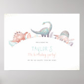 Turquoise & Goud Meisje Dinosaur Verjaardagsfeestj Poster (Voorkant)