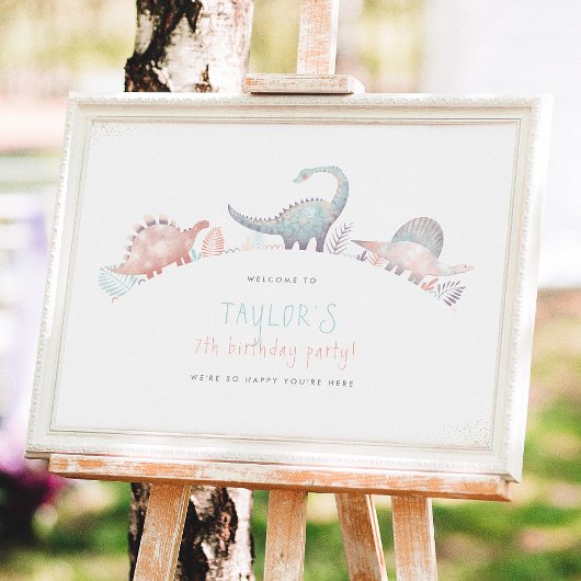 Turquoise & Goud Meisje Dinosaur Verjaardagsfeestj Poster
