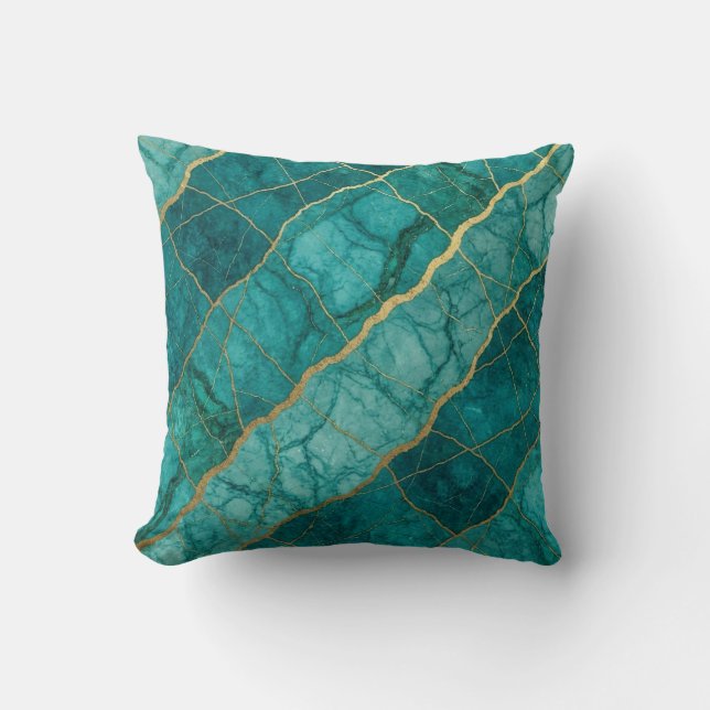 Turquoise + Goud Moderne Luxe Marmeren Worp Kussen (Voorkant)