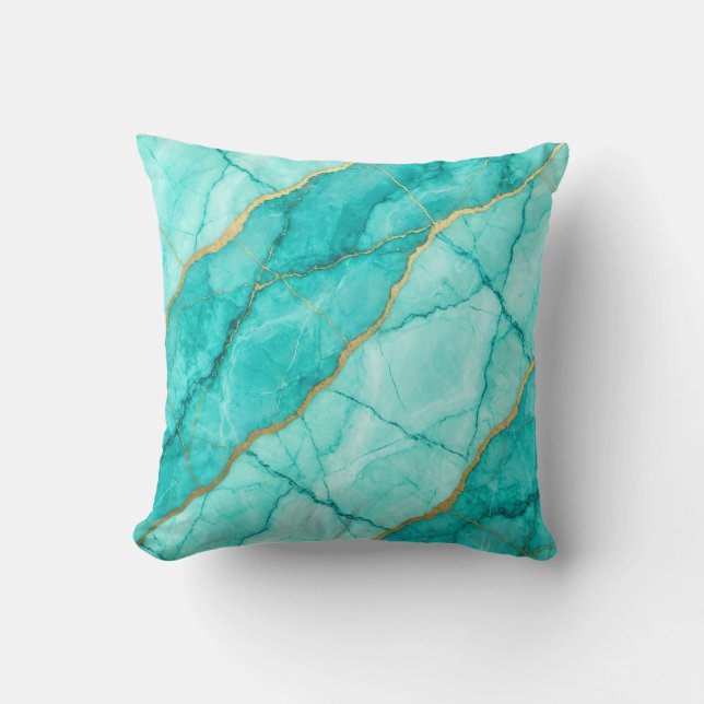 Turquoise + Goud Moderne Luxe Marmeren Worpkussen Kussen (Voorkant)